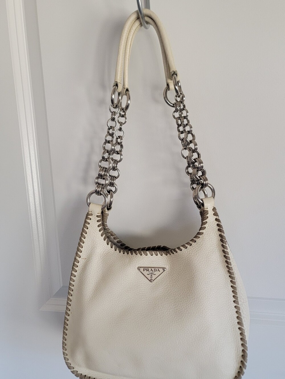 Prada White Pebbled Leather  Whipstitch Hobo Bag - Vintage Y2K Chain Handle